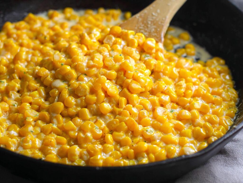 Close-up of bright yellow corn kernels coated in creamy honey butter sauce being stirred in a black skillet.