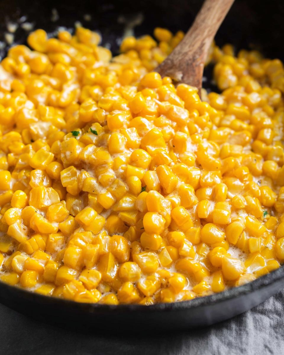 Close-up of vibrant yellow corn kernels coated in a creamy honey butter sauce cooking in a black skillet.
