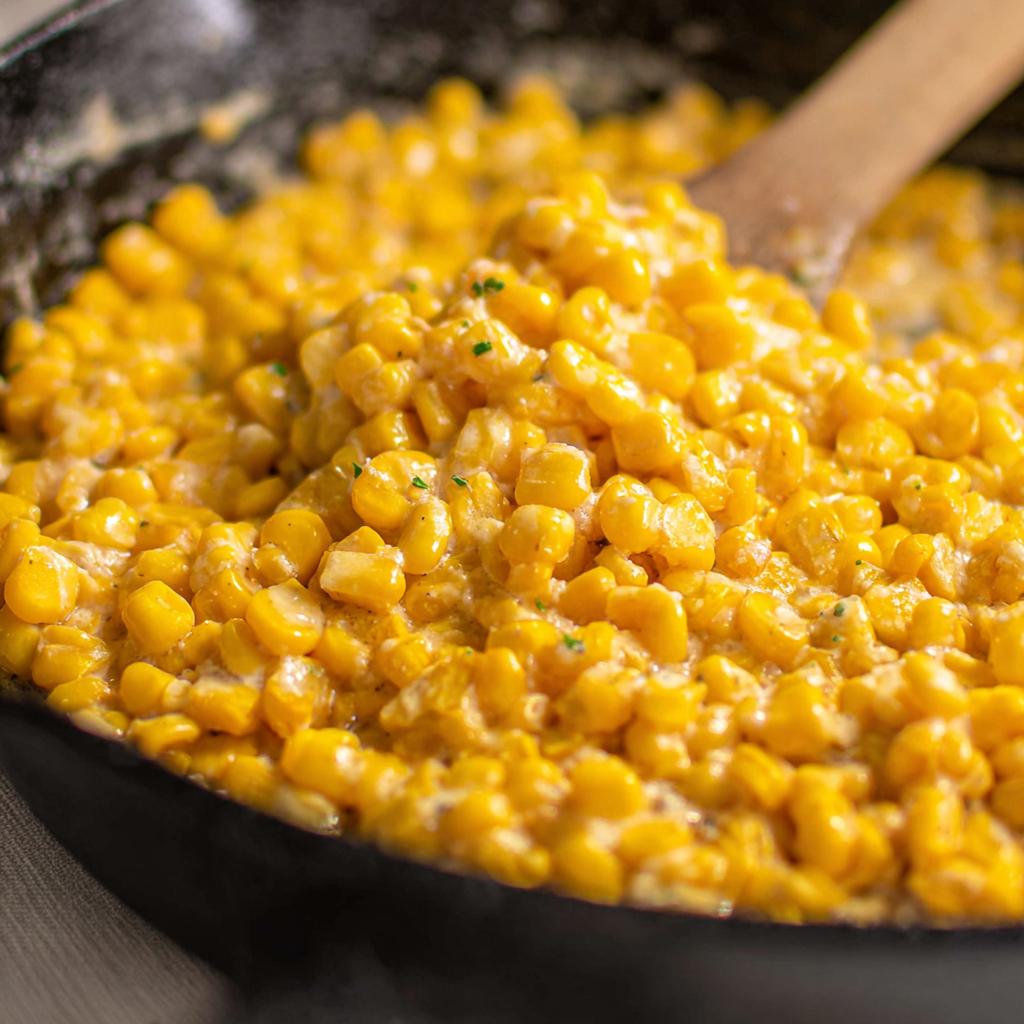Close-up of rich, creamy Easy Skillet Corn with Honey Butter being stirred in a black cast iron pan.