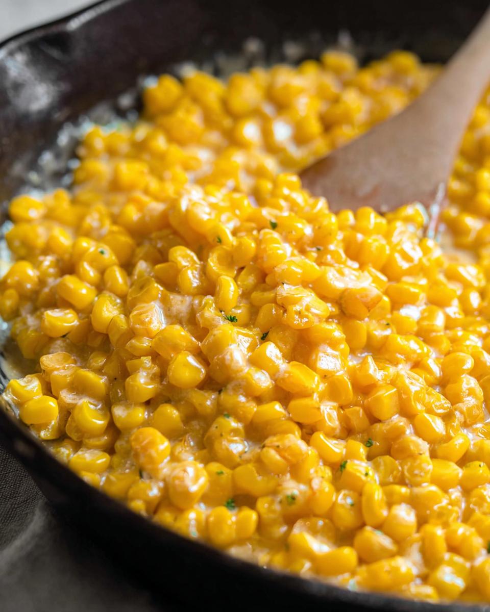 Close-up of bright yellow corn kernels coated in a creamy honey butter sauce in a black skillet.