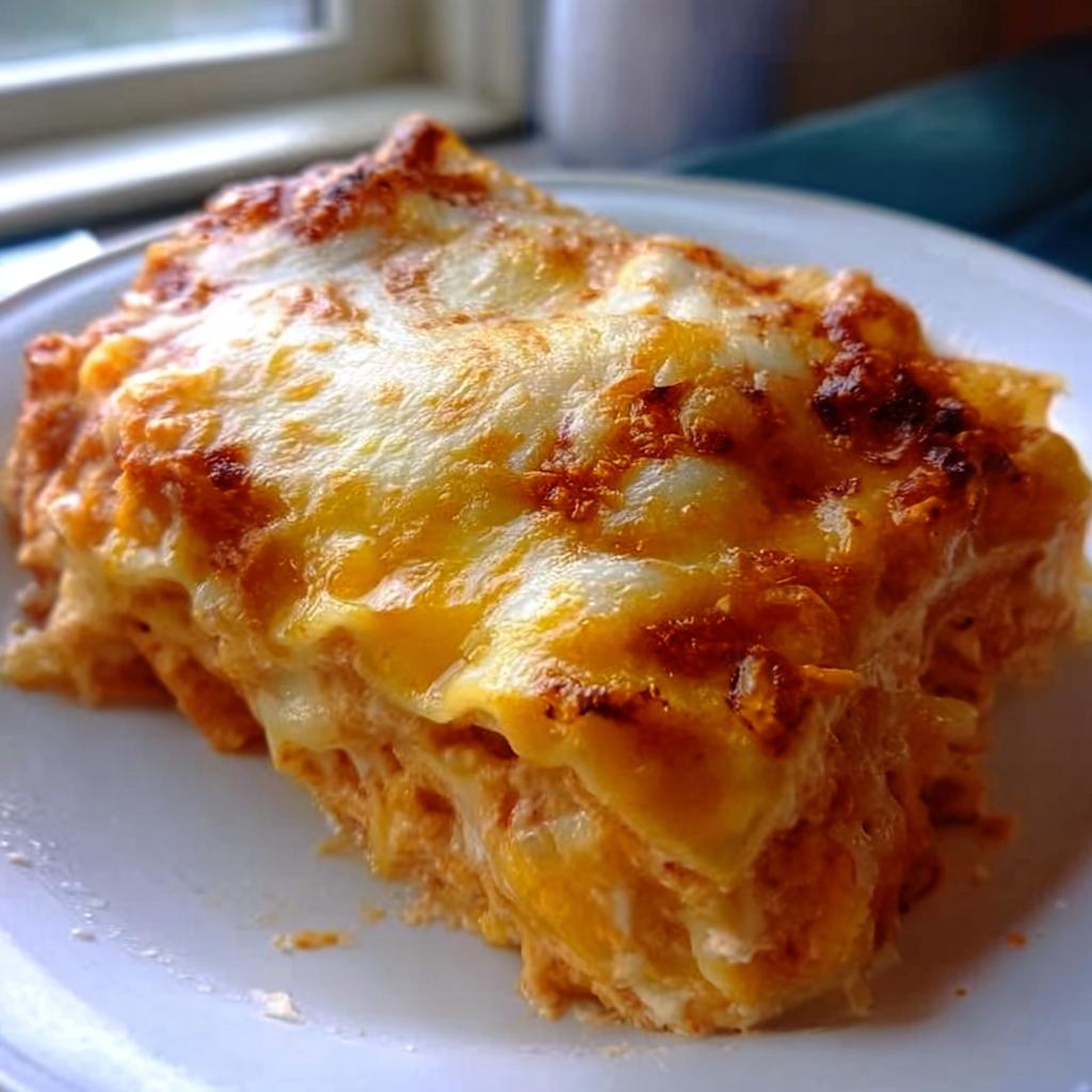 A close-up view of a generous slice of Extra Cheesy Four Cheese Lasagna with a golden, bubbly, and browned top layer of melted cheese.