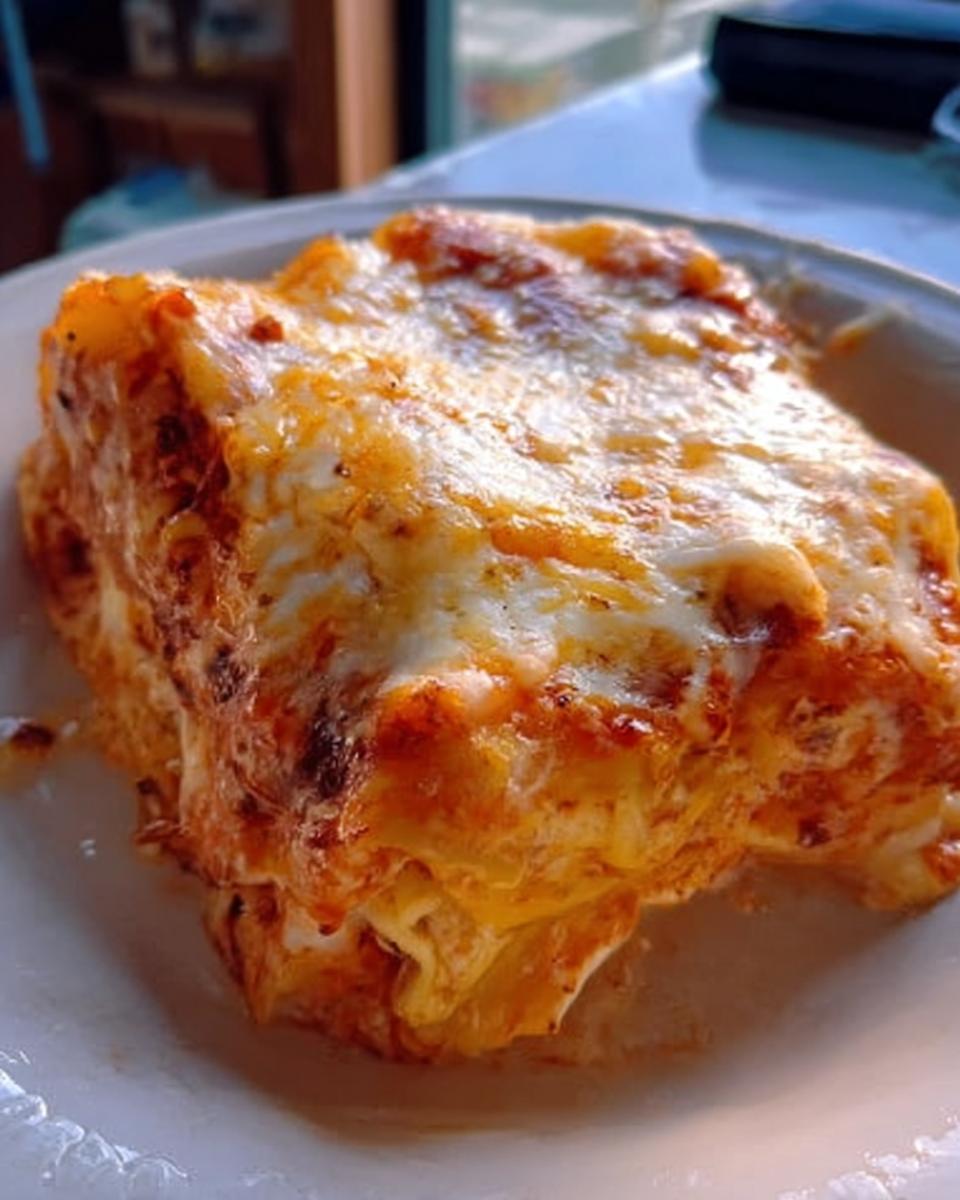 A close-up of a generous slice of Extra Cheesy Four Cheese Lasagna with a bubbly, golden-brown melted cheese topping.