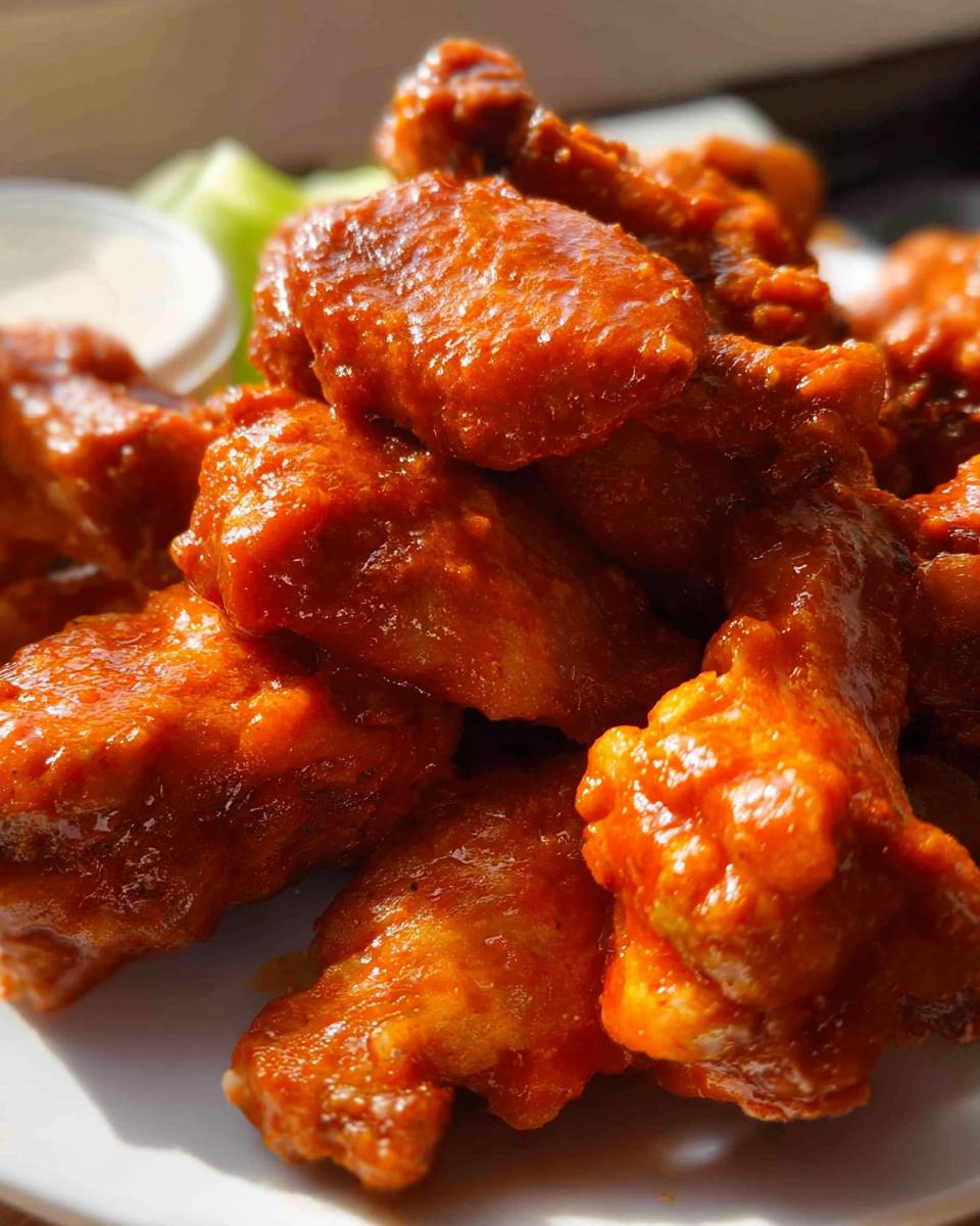 A close-up of glossy, saucy Extra Crispy Baked Buffalo Chicken Wings piled on a white plate with celery sticks and dipping sauce visible.
