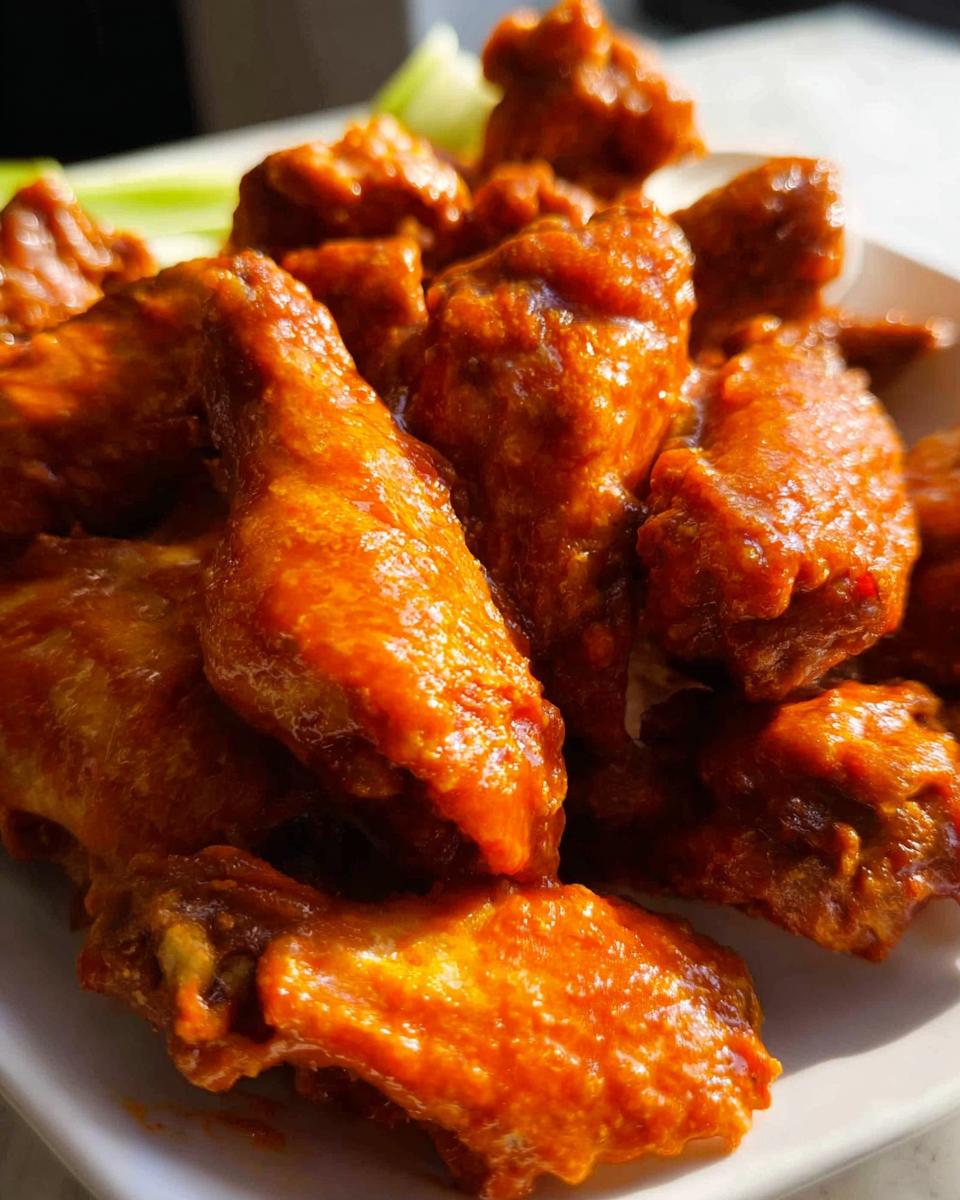 A close-up, appetizing shot of several Extra Crispy Baked Buffalo Chicken Wings coated in bright orange sauce.
