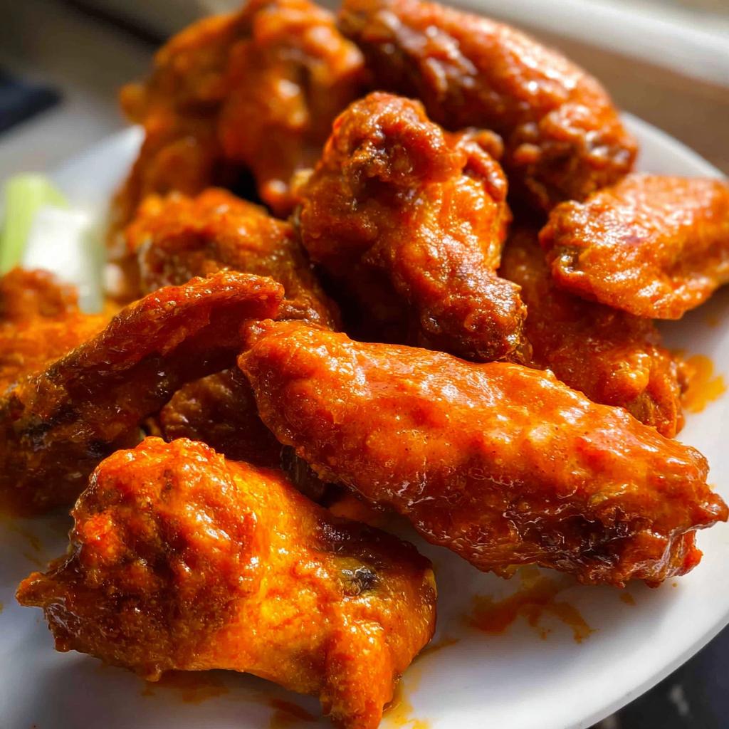 A close-up of several saucy, bright orange Extra Crispy Baked Buffalo Chicken Wings piled on a white plate.