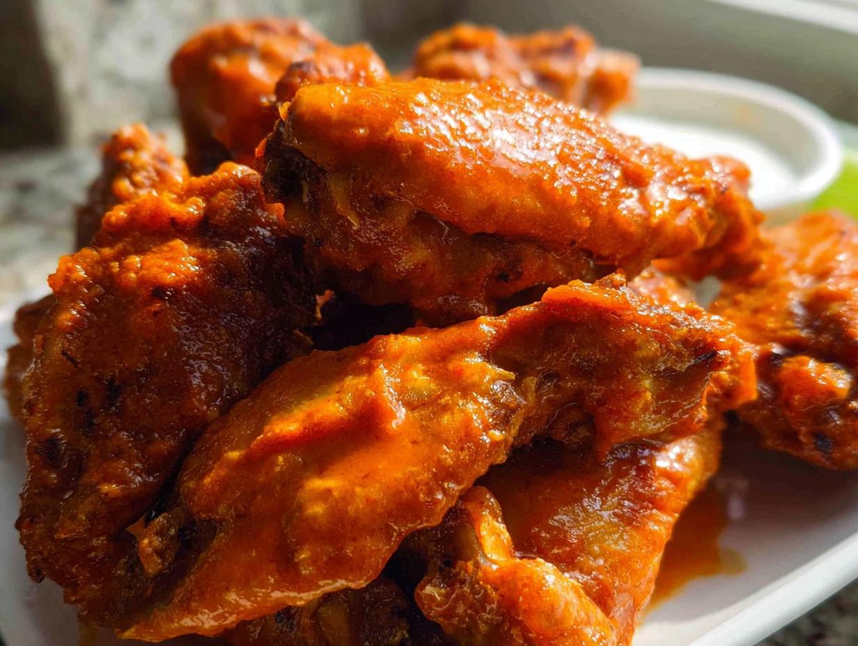 Close-up of a pile of glossy, orange Extra Crispy Baked Buffalo Chicken Wings served with a side of dipping sauce.
