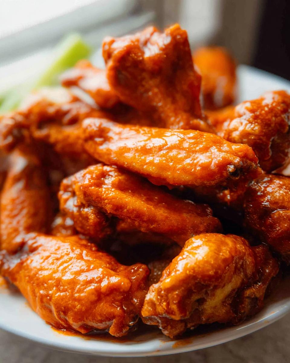 A close-up, appetizing shot of glossy, saucy Extra Crispy Baked Buffalo Chicken Wings piled on a white plate with celery sticks visible in the background.