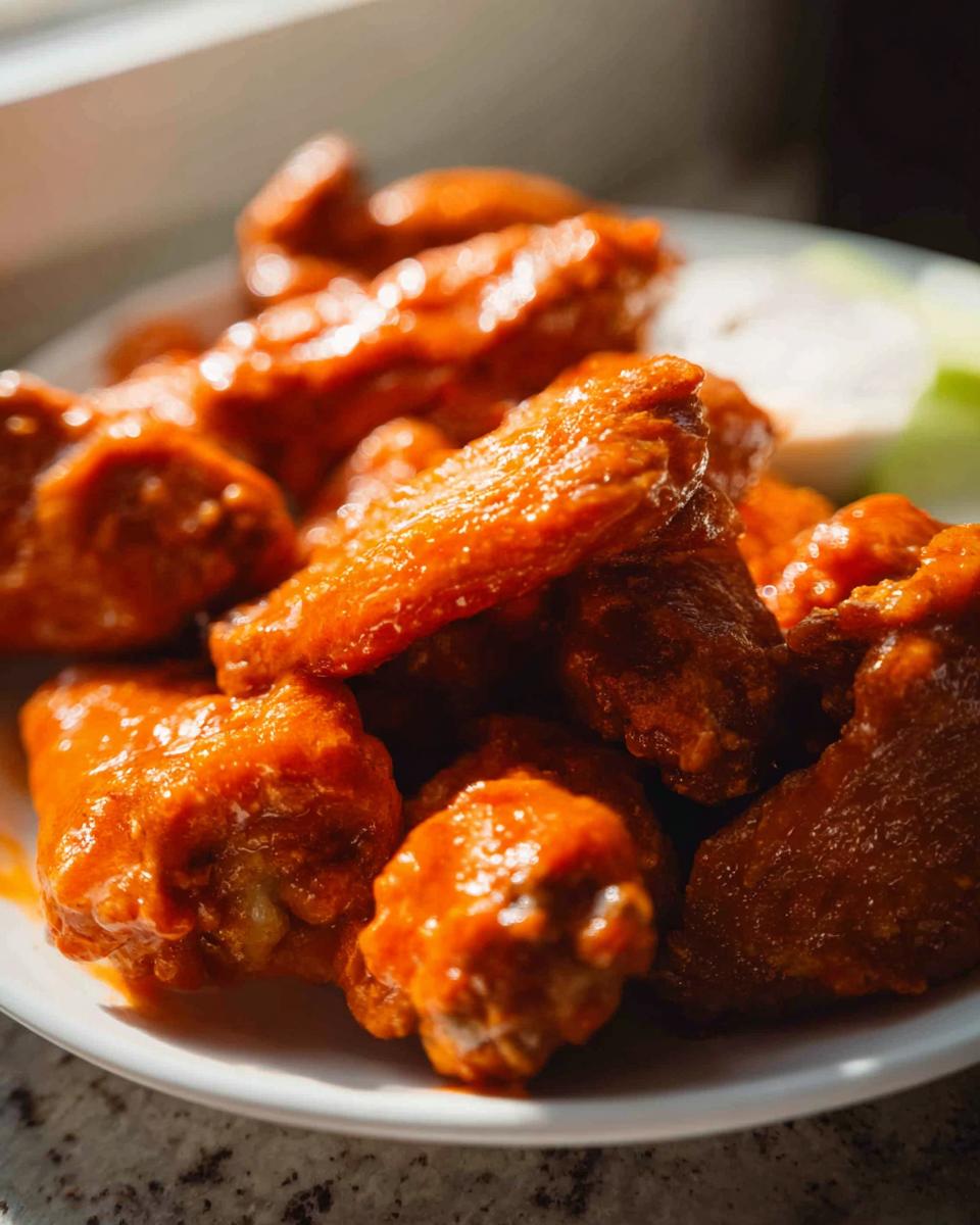 A close-up of saucy Extra Crispy Baked Buffalo Chicken Wings piled on a white plate with a side of dipping sauce.