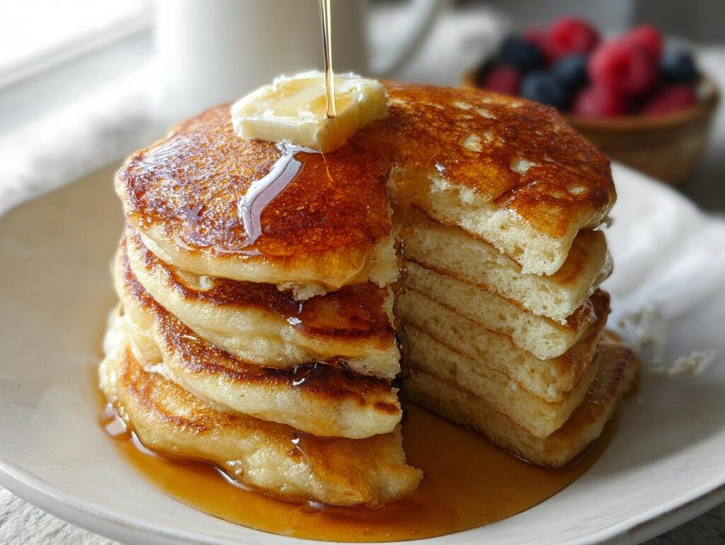 A tall stack of fluffy homemade pancakes being drizzled with syrup and topped with butter.