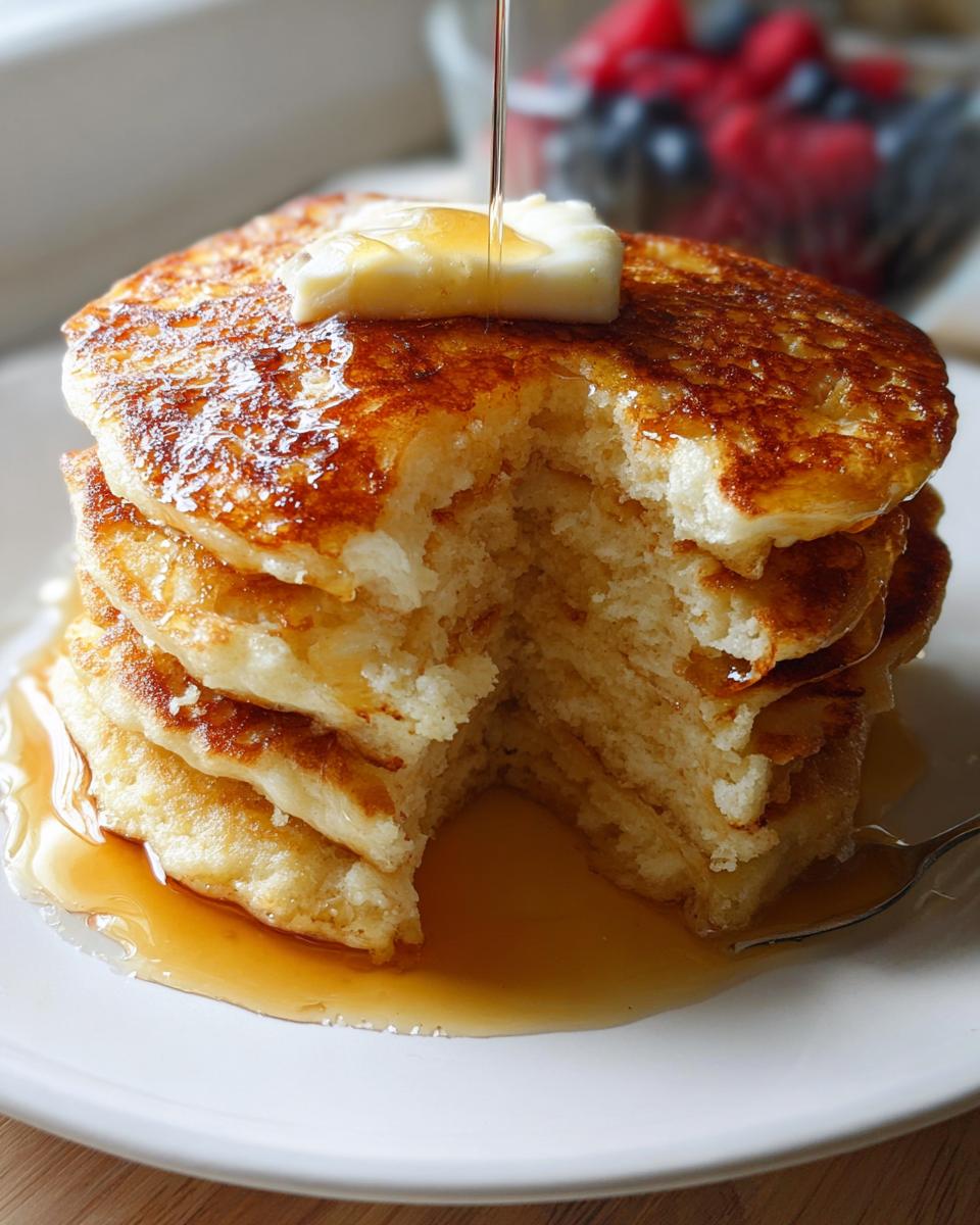 Close-up of a tall stack of Fluffy Homemade Pancakes with a pat of butter melting and syrup being poured over them.