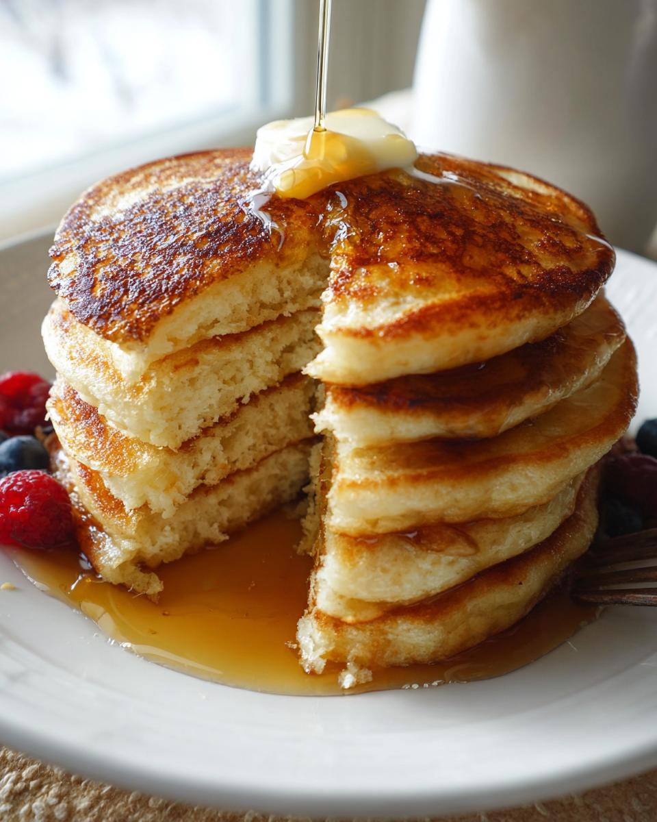 Close-up of a tall stack of Fluffy Homemade Pancakes with butter melting and syrup pouring over the top.
