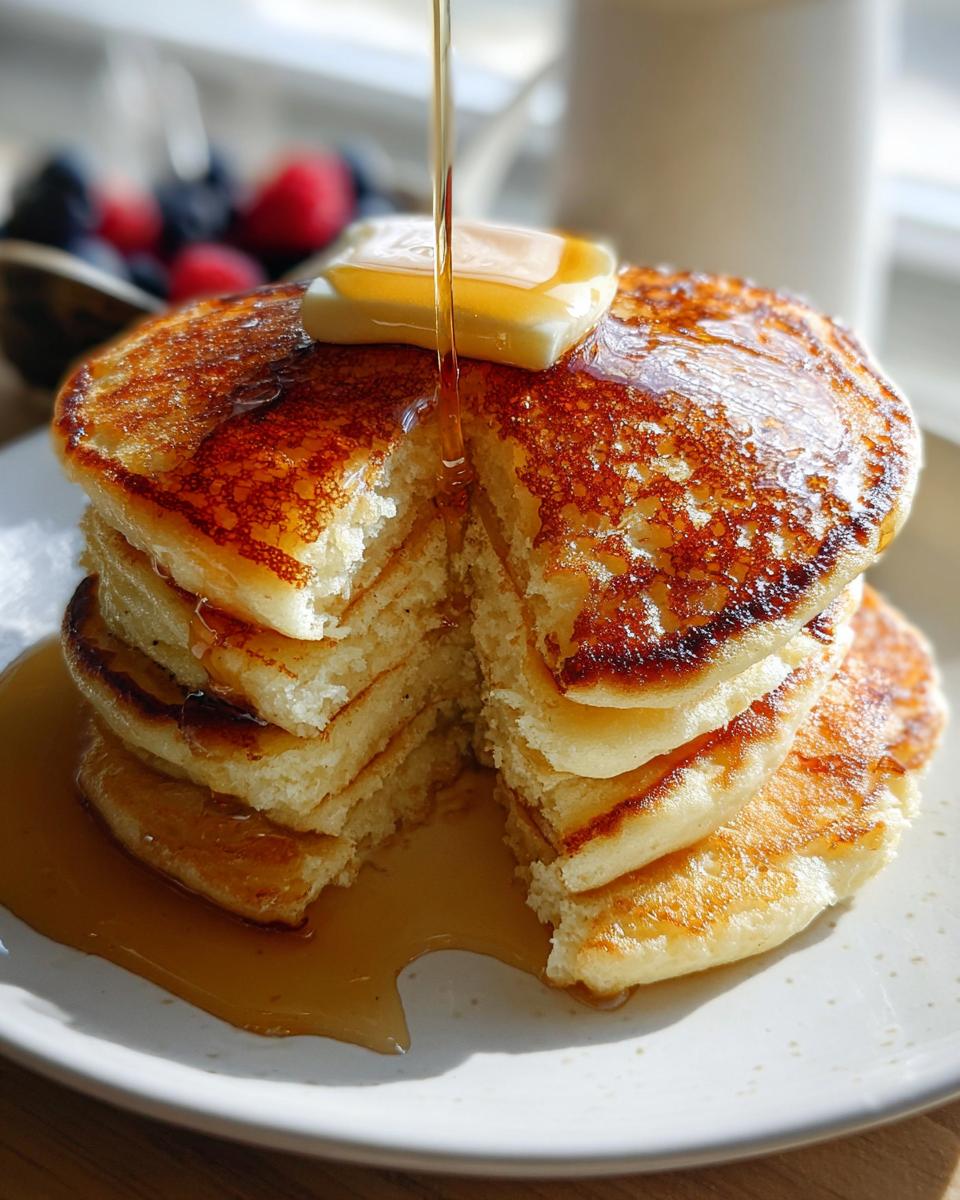 A tall stack of fluffy homemade pancakes with a pat of melting butter and syrup being poured over the top.