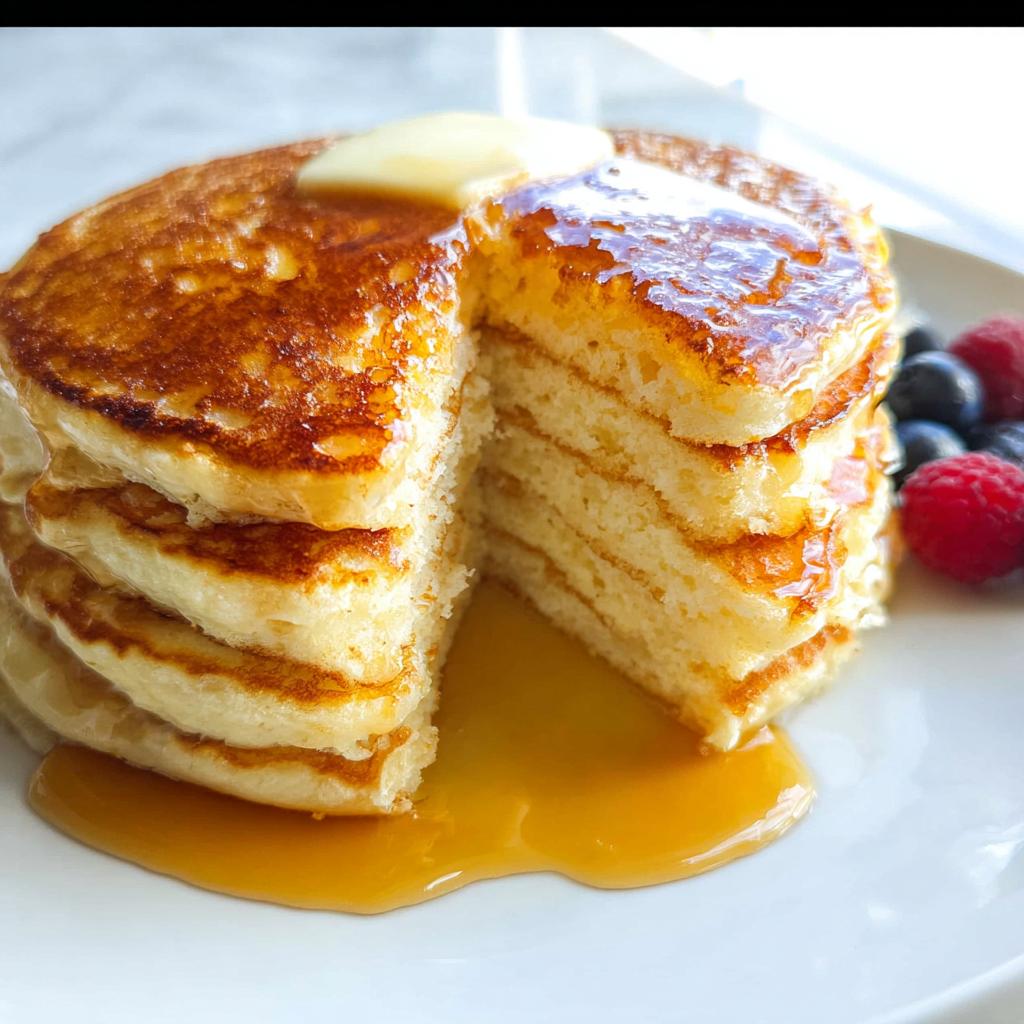 A tall stack of fluffy homemade pancakes cut open, drizzled with syrup and topped with butter, served with fresh berries.
