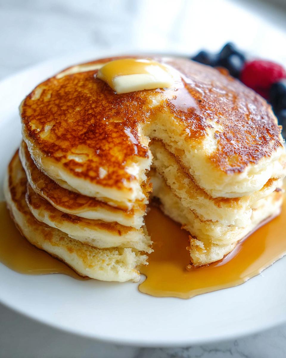 Close-up of a stack of fluffy homemade pancakes with melting butter and syrup, showing a bite taken out.