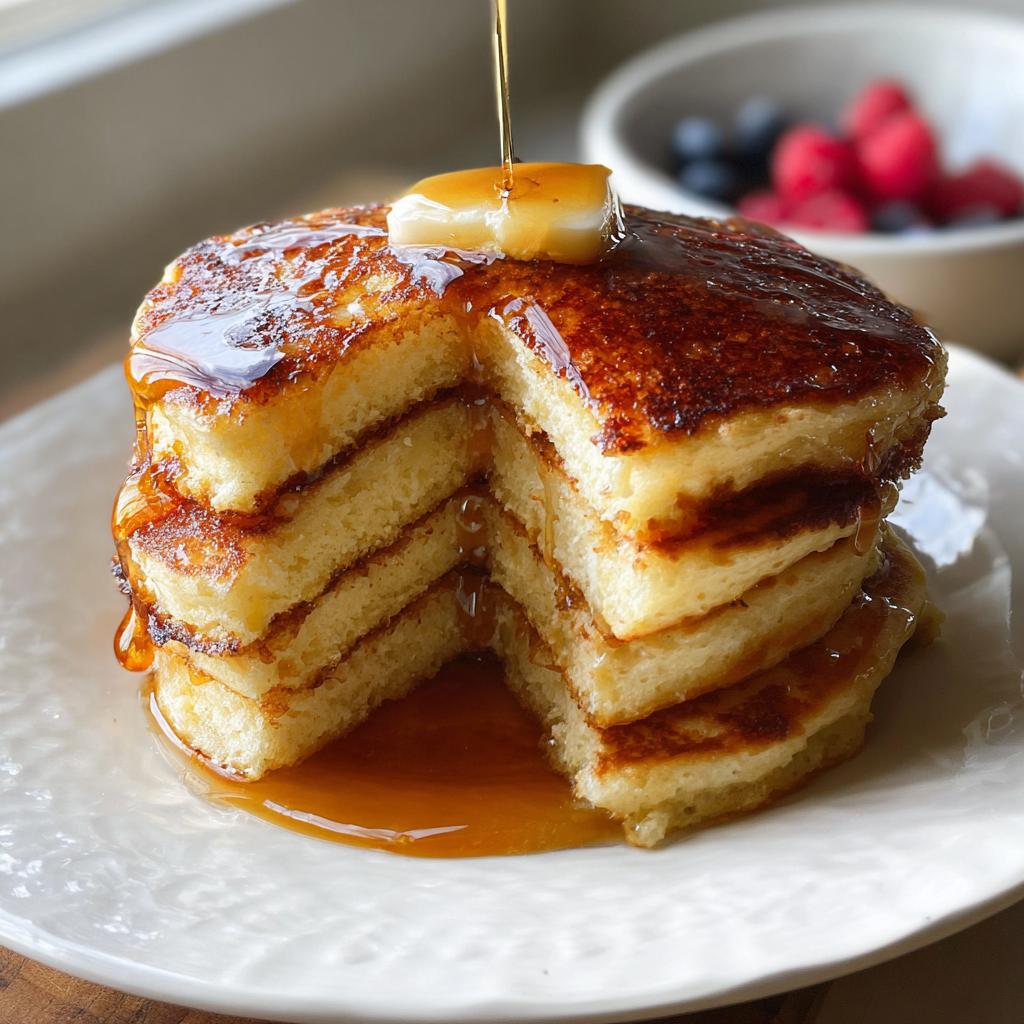 Close-up of a stack of fluffy homemade pancakes being drizzled with syrup, topped with butter.