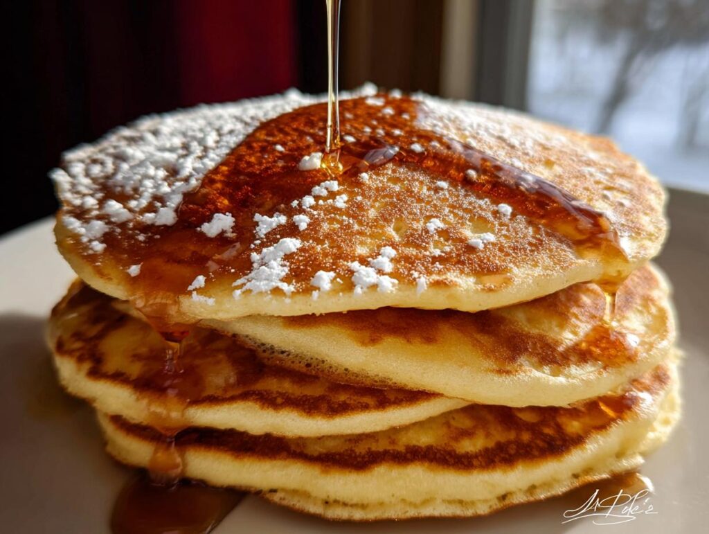 A tall stack of three fluffy pancakes being drizzled with syrup and dusted with powdered sugar, illustrating the Best Pancake Recipe.