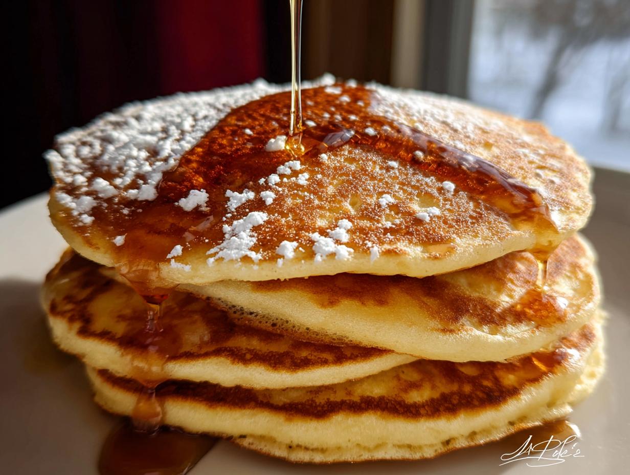 A tall stack of three fluffy pancakes being drizzled with syrup and dusted with powdered sugar, illustrating the Best Pancake Recipe.