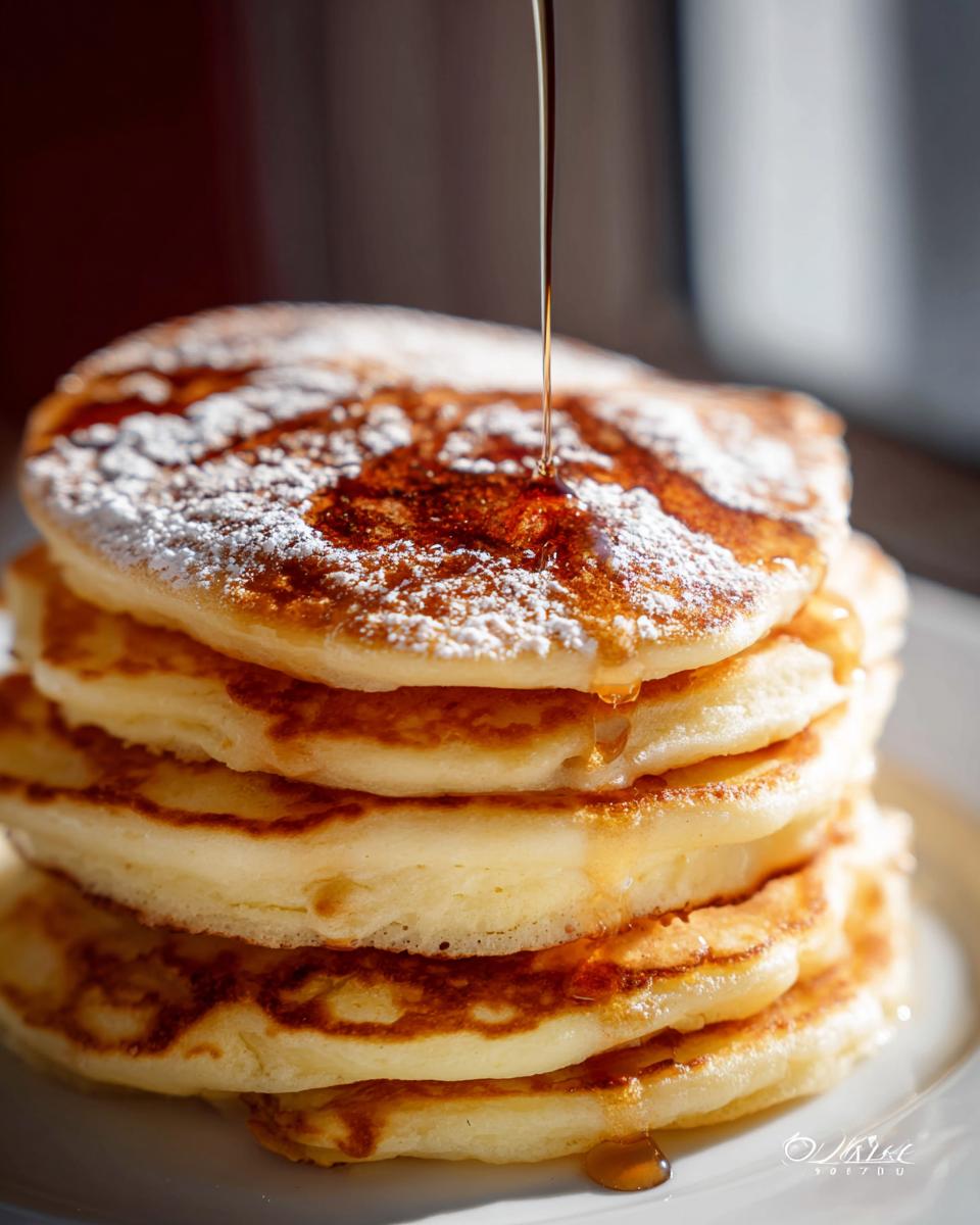 A tall stack of fluffy pancakes being drizzled with maple syrup, dusted with powdered sugar.