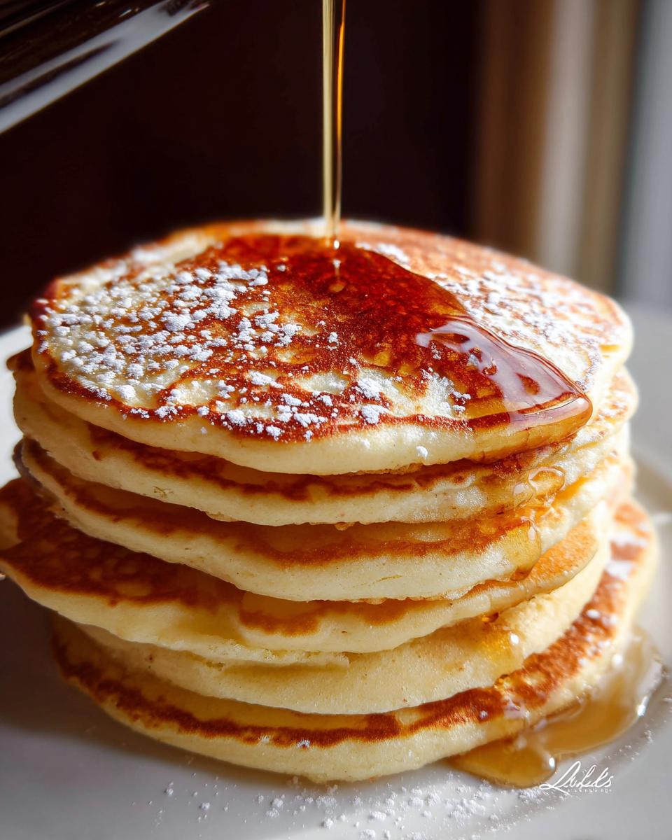 A tall stack of fluffy pancakes being drizzled with golden syrup, dusted with powdered sugar. This is the Best Pancake Recipe.