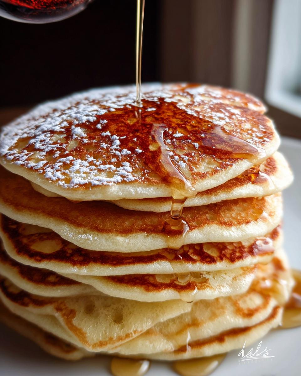 Close-up of a tall stack of fluffy pancakes being drizzled with syrup, dusted with powdered sugar. This is the Best Pancake Recipe.
