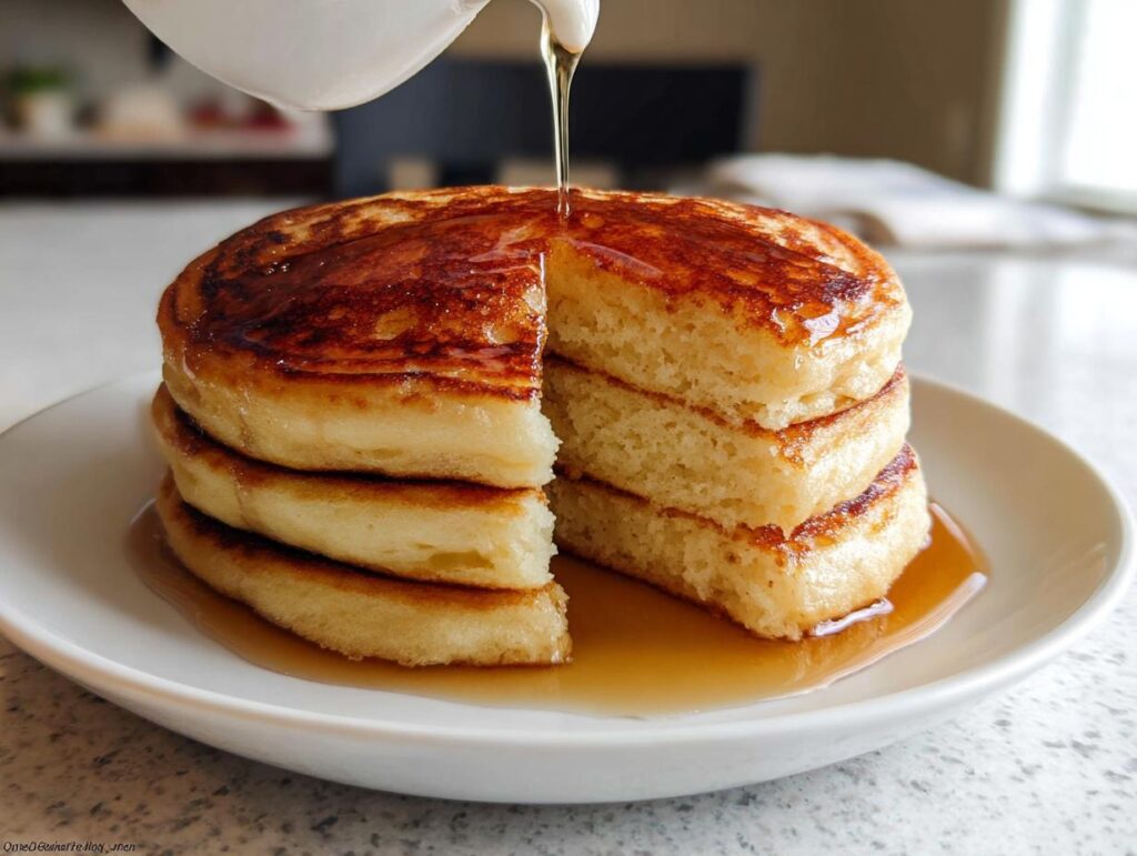 A stack of four incredibly fluffy pancakes with a slice cut out, being drizzled with maple syrup for the ultimate fluffy pancakes recipe.