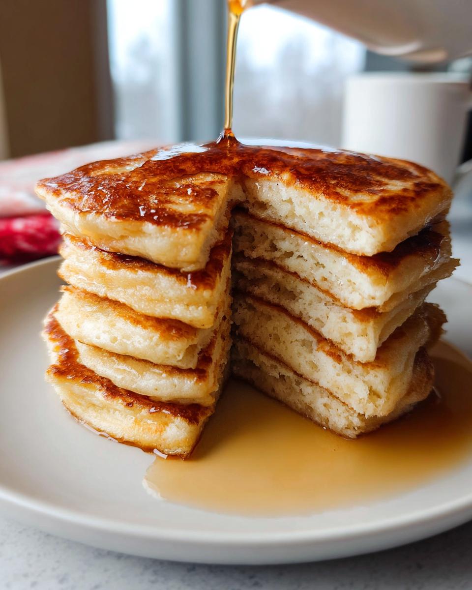 A tall stack of Fluffy Pancakes being drizzled with golden syrup, showing the airy interior texture.