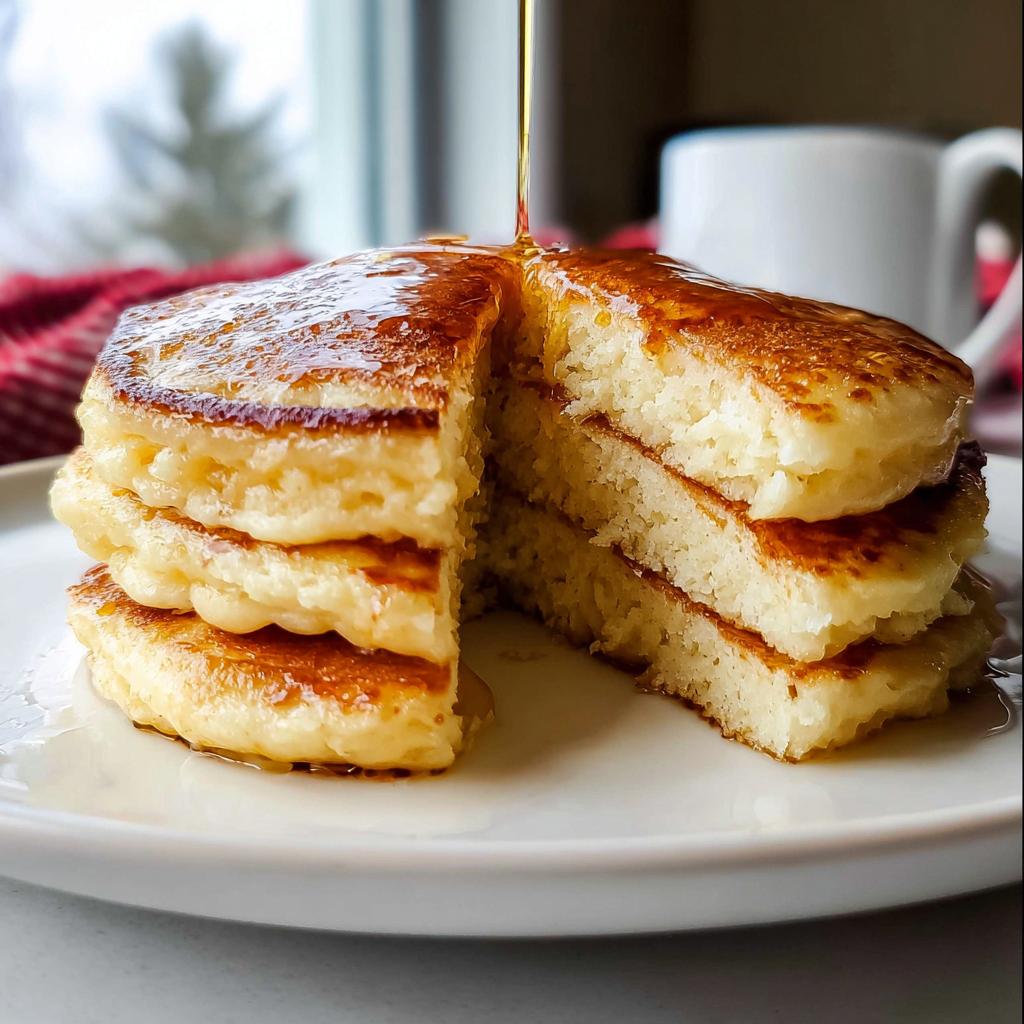A stack of three incredibly fluffy pancakes with a slice cut out, being drizzled with golden syrup.