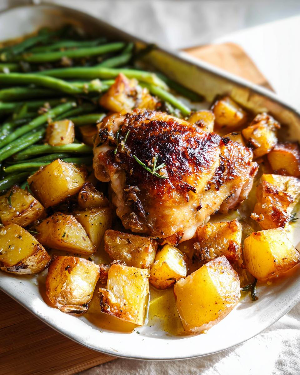 Close-up of crispy Garlic Butter Baked Chicken Thighs and Potatoes with green beans.