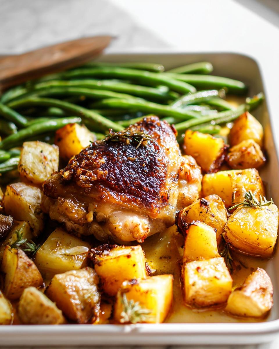 A crispy-skinned chicken thigh baked with golden roasted potatoes and green beans, coated in garlic butter sauce.