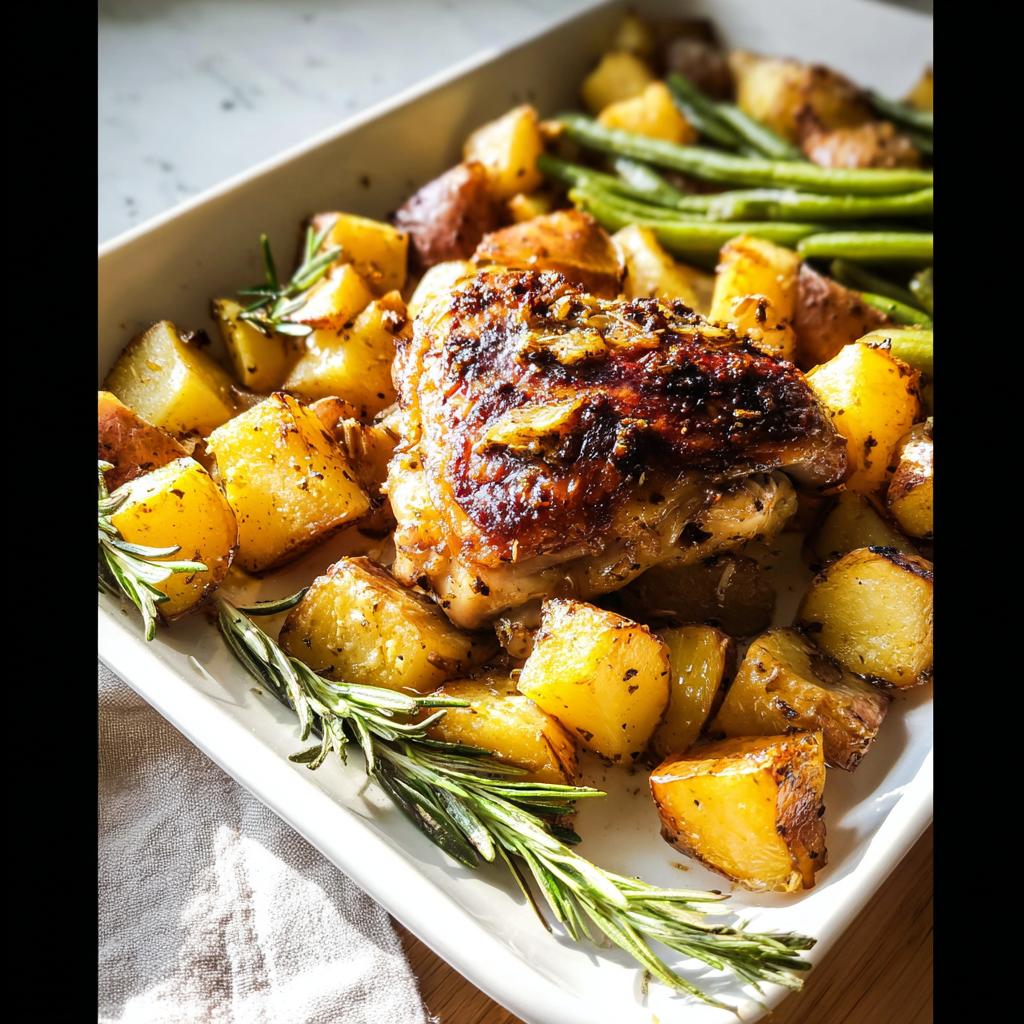 Crispy, golden-brown Garlic Butter Baked Chicken Thighs and Potatoes garnished with fresh rosemary.