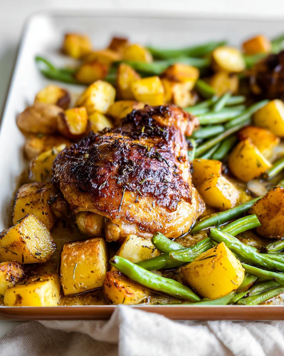 Close-up of crispy Garlic Butter Baked Chicken Thighs and Potatoes with green beans on a white sheet pan.
