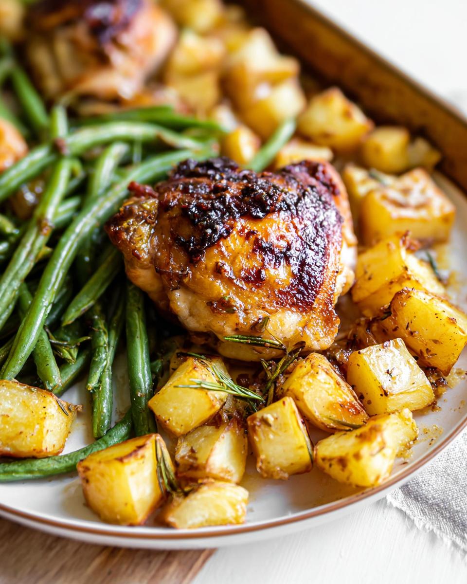 A close-up of a serving of Garlic Butter Baked Chicken Thighs and Potatoes with green beans on a white plate.