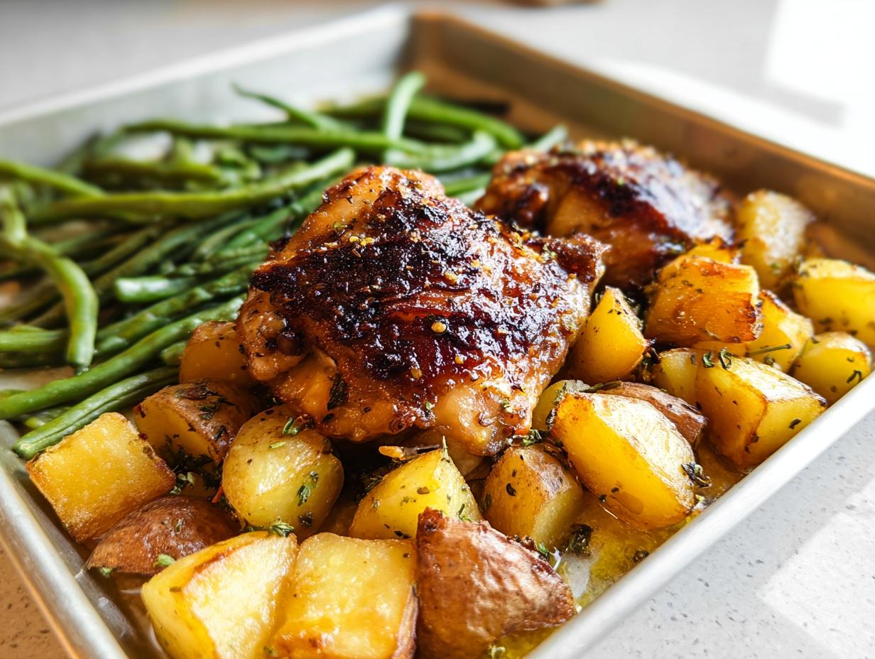Two glazed Garlic Butter Baked Chicken Thighs and Potatoes with green beans on a sheet pan.