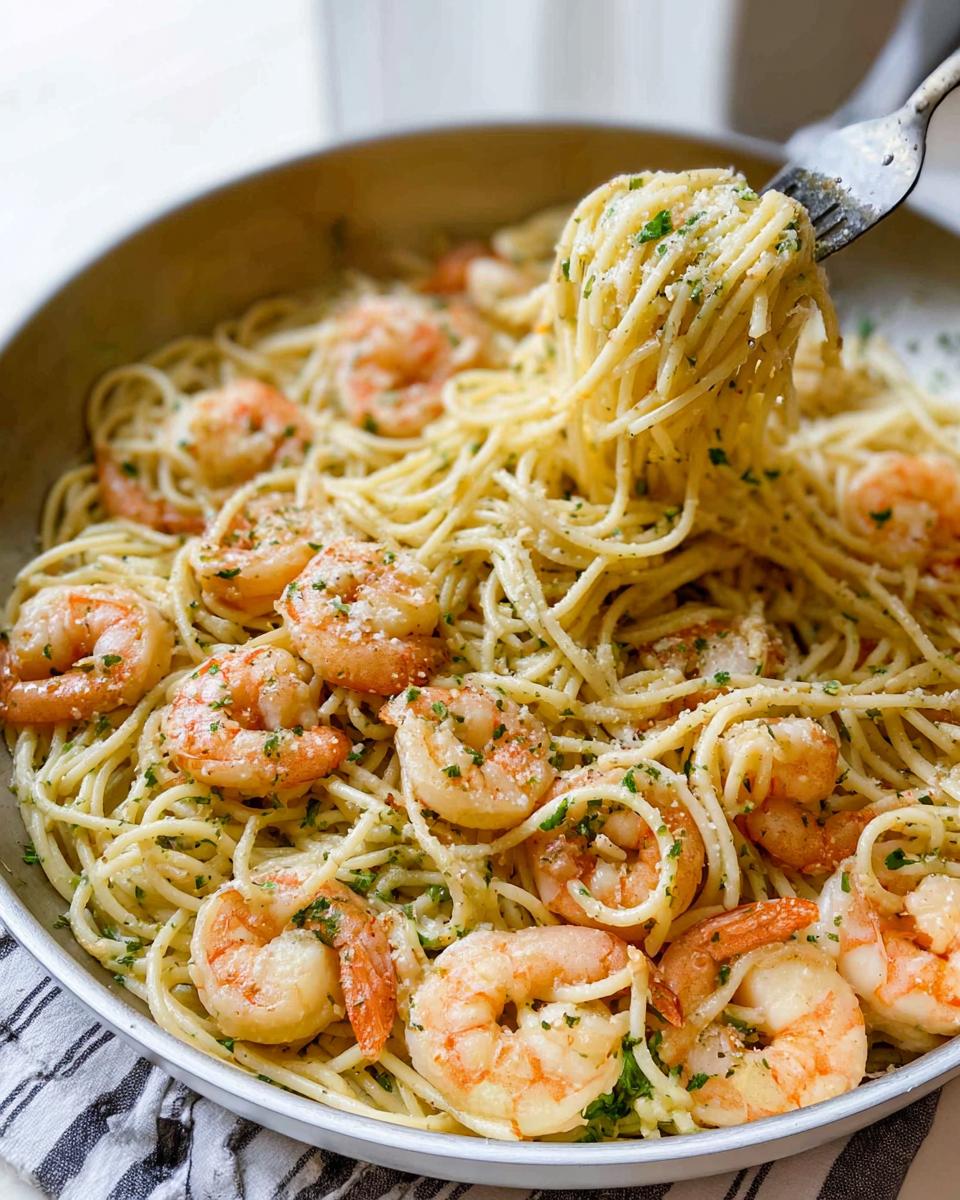 A fork lifting a large twirl of spaghetti coated in sauce from a pan of Garlic Butter Shrimp Pasta topped with shrimp and parsley.
