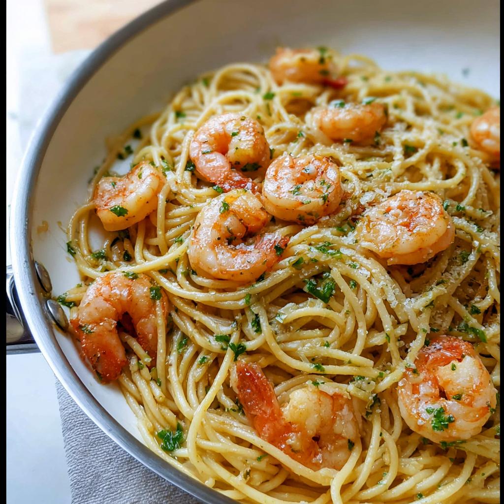 Close-up of Garlic Butter Shrimp Pasta tossed in a skillet, topped with shrimp and parsley.