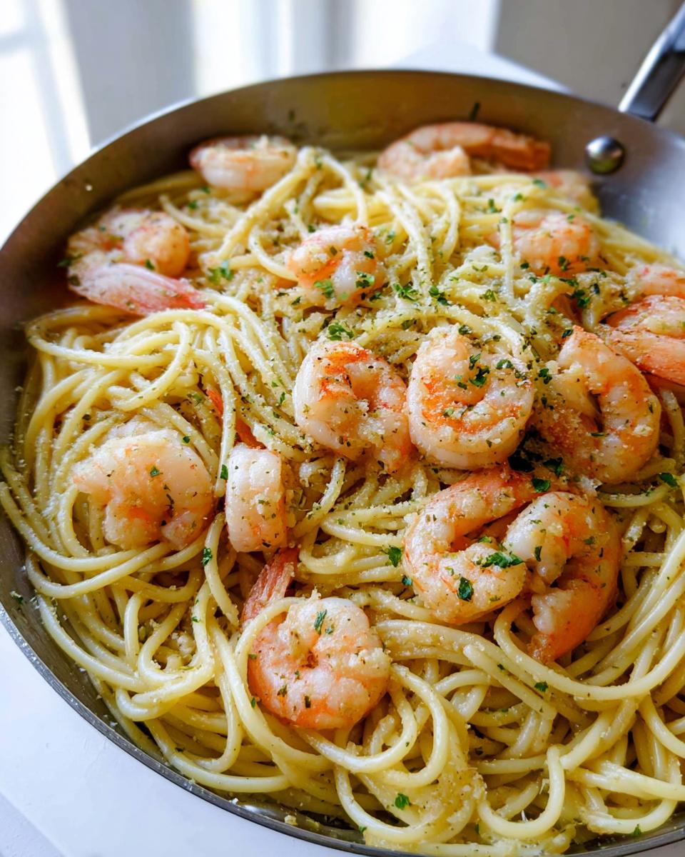 Close-up of Garlic Butter Shrimp Pasta with plump shrimp and parsley in a stainless steel pan.