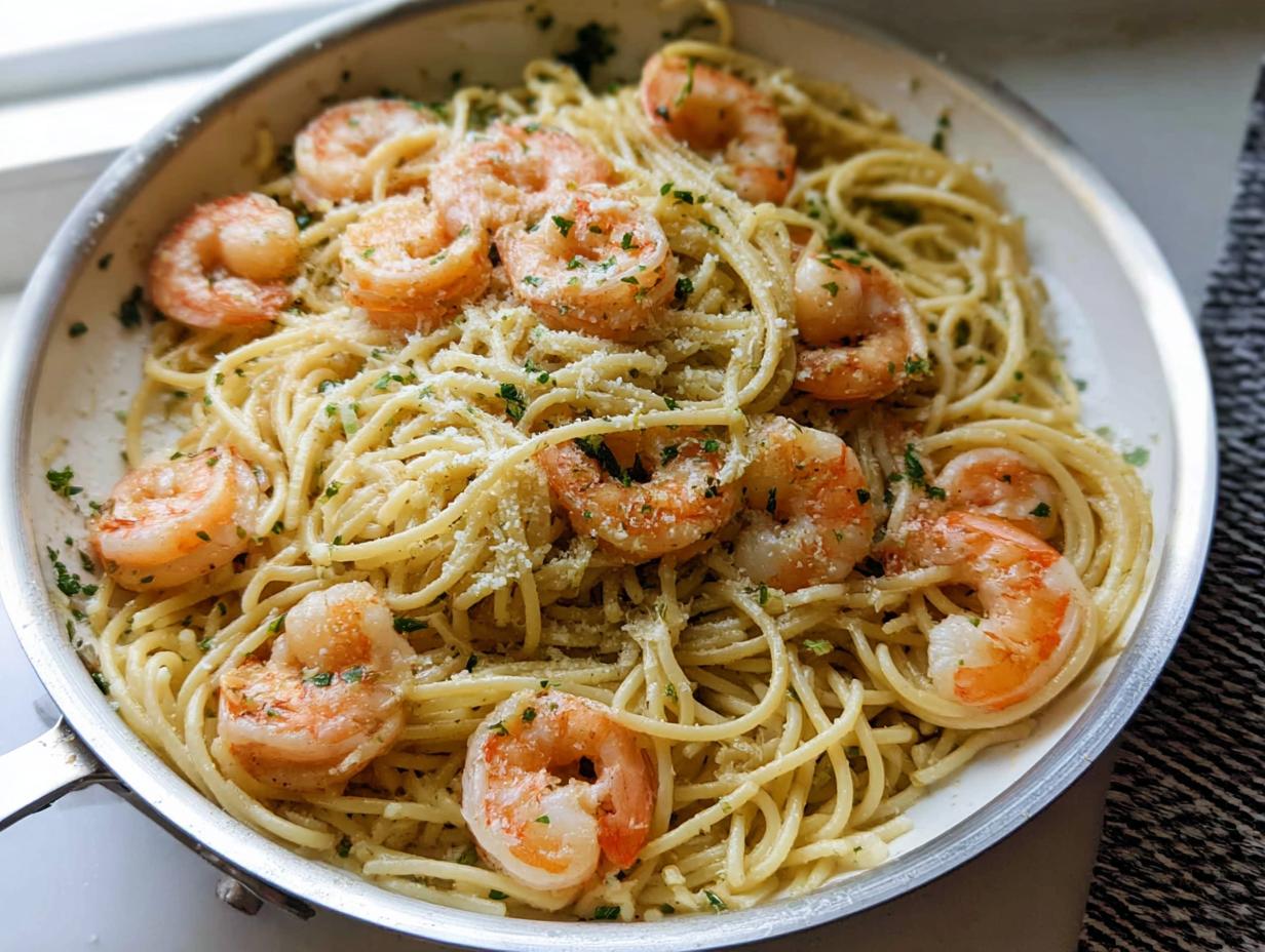 Close-up of Garlic Butter Shrimp Pasta tossed in a skillet, topped with Parmesan cheese and parsley.