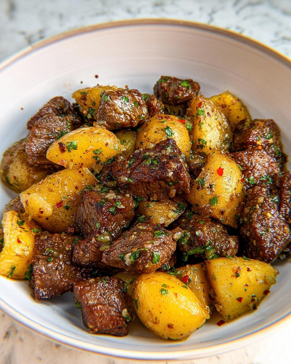 Close-up of Garlic Butter Steak Bites with Potatoes coated in a rich, glossy garlic butter sauce and parsley.