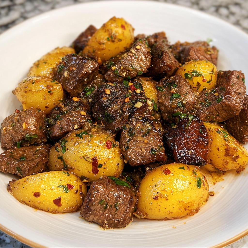 A close-up of Garlic Butter Steak Bites with Potatoes coated in a rich, glistening garlic butter sauce with herbs and chili flakes.
