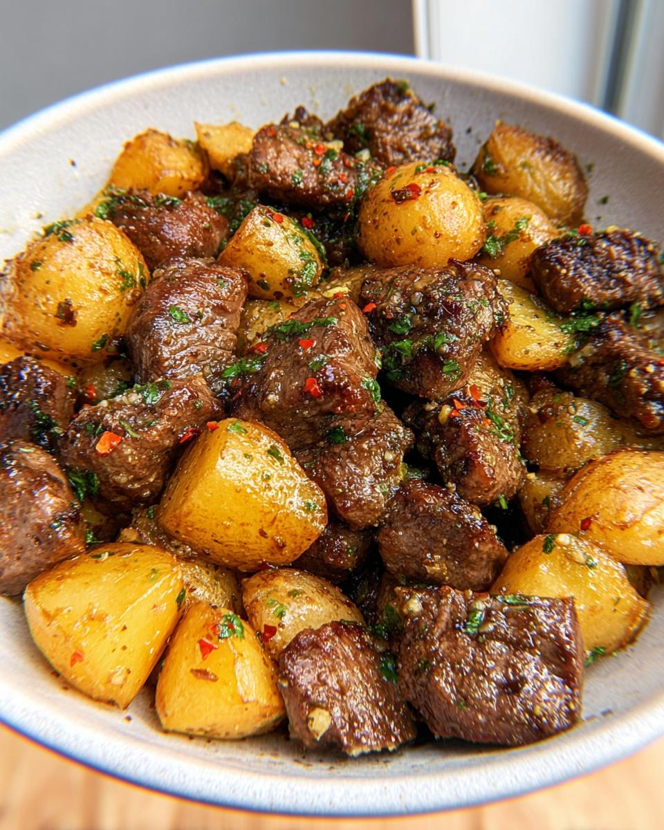 Close-up of Garlic Butter Steak Bites with Potatoes coated in herbs and spices in a bowl.