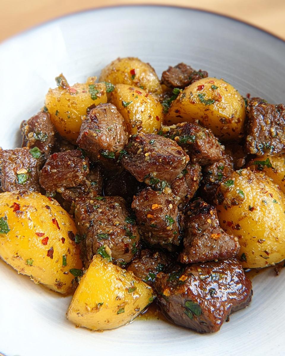 Close-up of tender Garlic Butter Steak Bites with Potatoes coated in a glossy, herby sauce.
