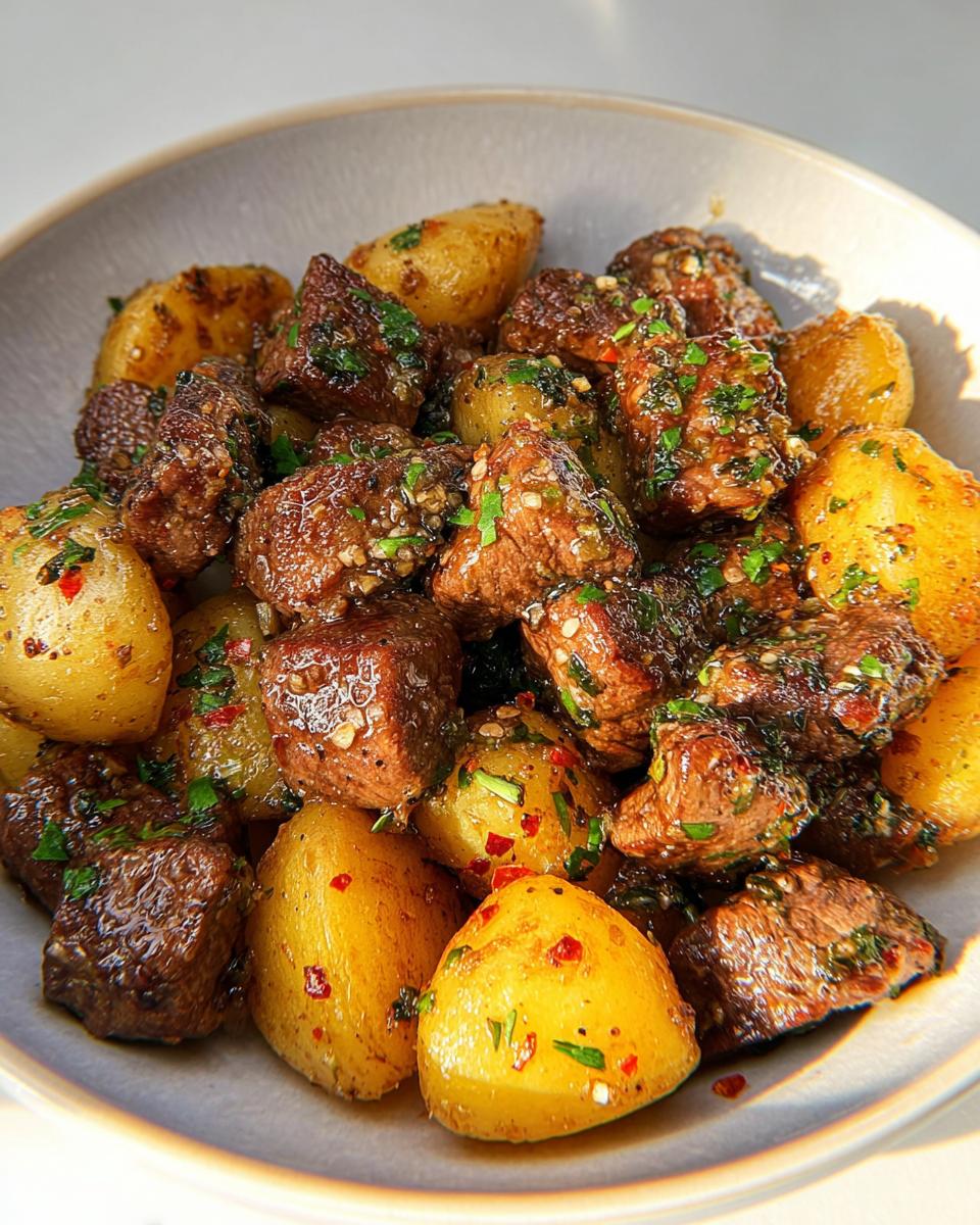 Close-up of Garlic Butter Steak Bites with Potatoes coated in herbs and chili flakes.