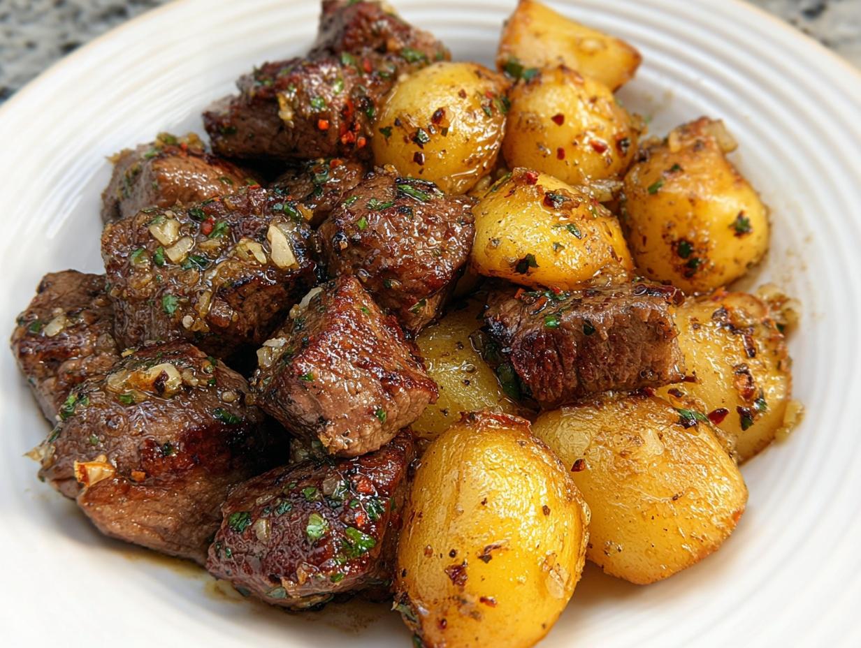 Close-up of juicy Garlic Butter Steak Bites with Potatoes coated in garlic and herbs.