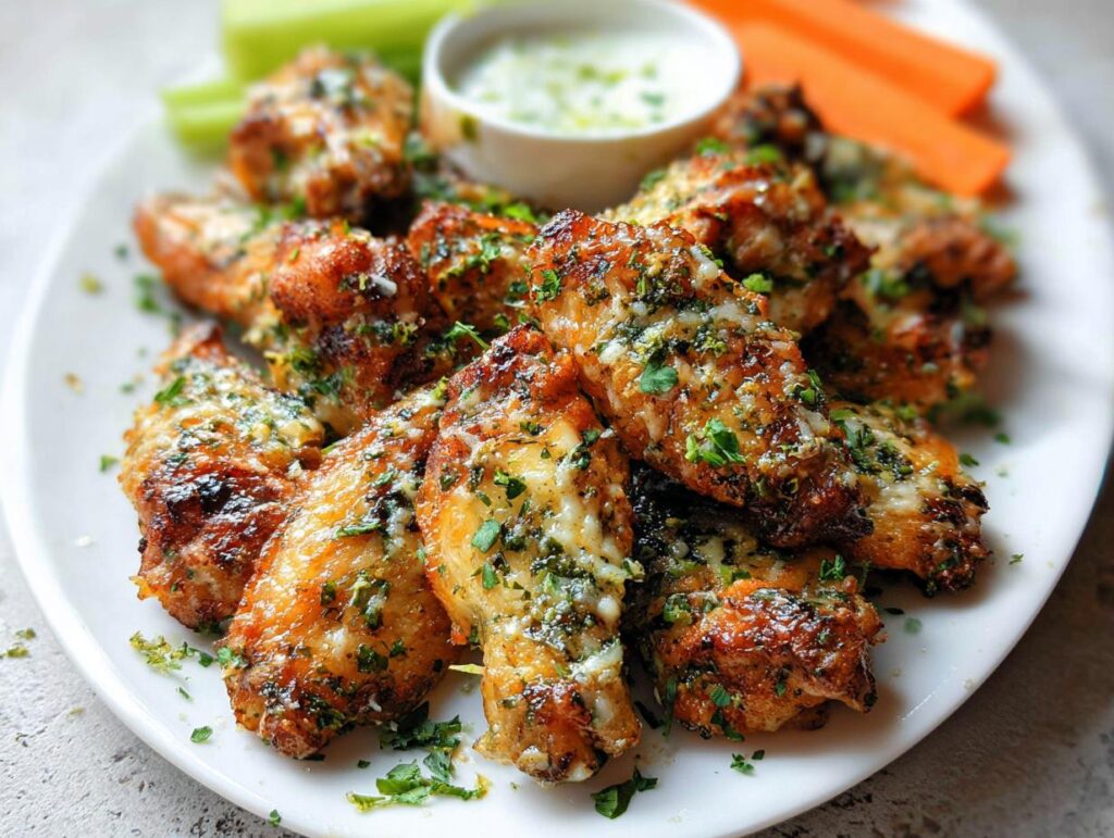 A platter of crispy Garlic Herb Buttermilk Baked Wings topped with melted cheese and fresh parsley.