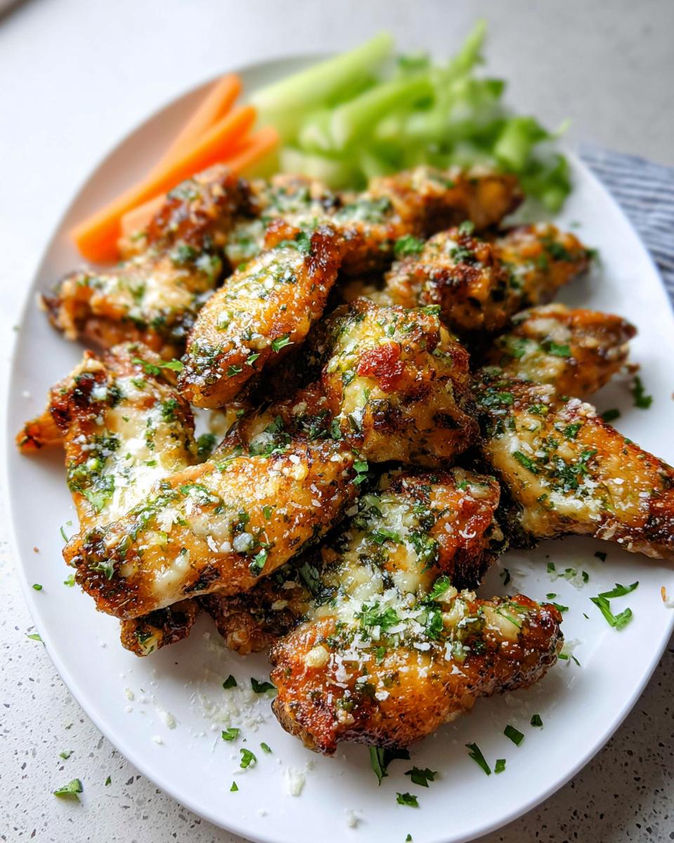 A platter of crispy Garlic Herb Buttermilk Baked Wings topped with melted cheese and fresh parsley.