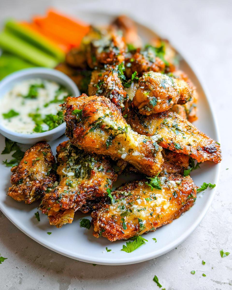 A platter of crispy Garlic Herb Buttermilk Baked Wings topped with grated cheese and fresh parsley, served with dipping sauce and vegetable sticks.