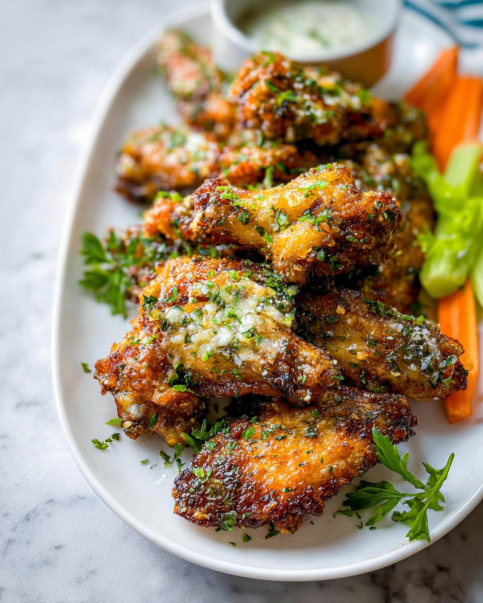 A platter of crispy, golden-brown Garlic Herb Buttermilk Baked Wings topped with herbs and cheese.
