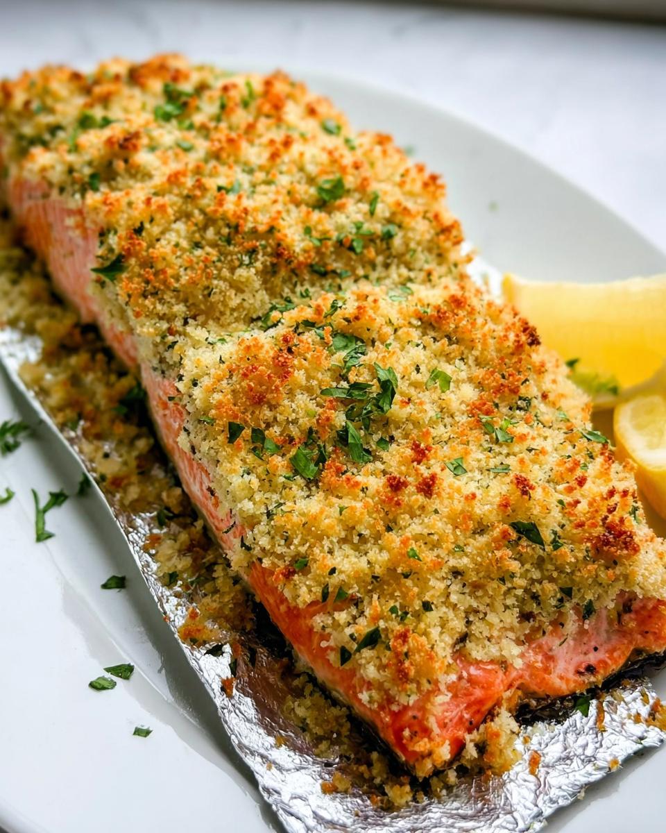 A perfectly baked fillet of Garlic Herb Panko Crusted Salmon with a golden, crunchy topping and lemon wedges.