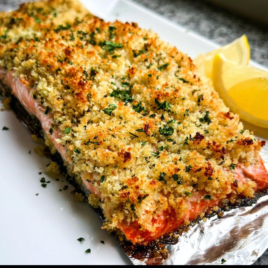 Close-up of a perfectly baked Garlic Herb Panko Crusted Salmon fillet with a golden, crunchy topping.