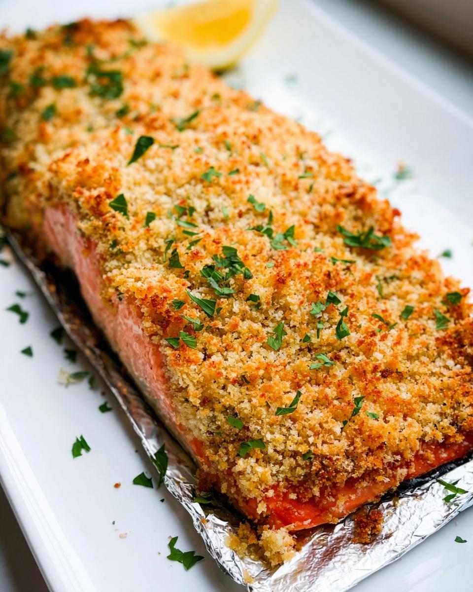 Close-up of a perfectly baked Garlic Herb Panko Crusted Salmon fillet topped with golden crumbs and fresh parsley.